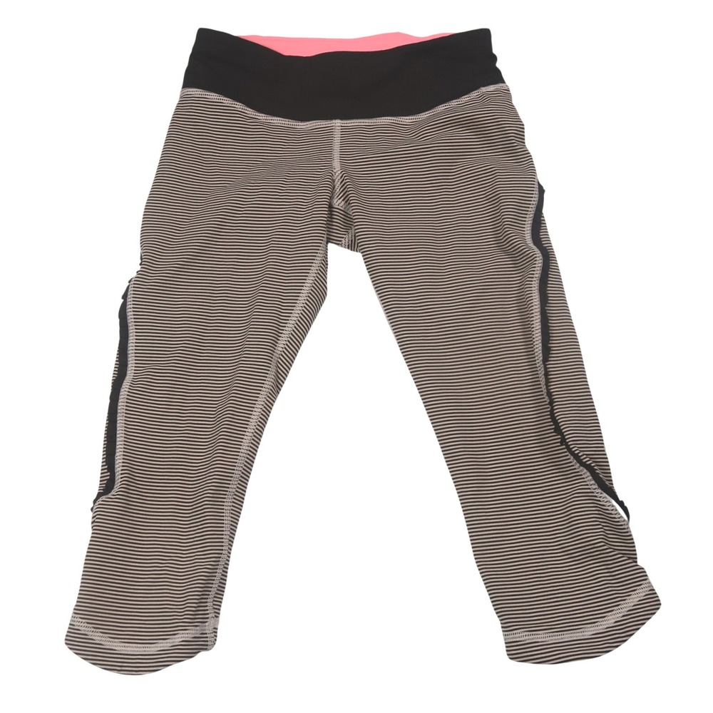 Lululemon Striped Crop Leggings Athletic Yoga Running Pants Black Beige Size 2‎